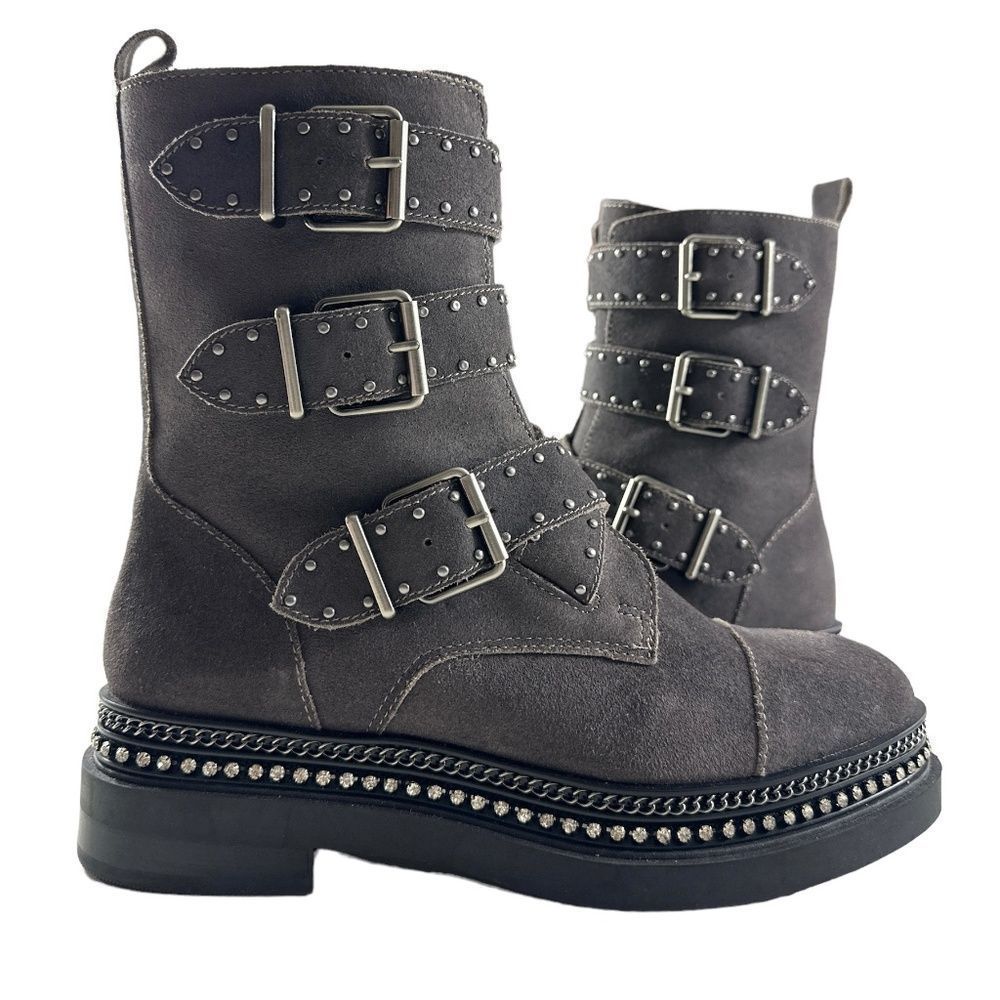 New Vince Camuto Grey Suede Moto Combat Boots